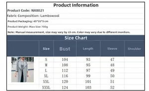 Detailed size chart and material guide for long sleeve knitted cardigan coat in grey