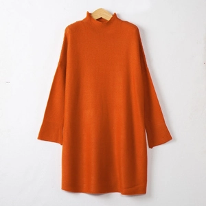 Women's bright orange high neck knit sweater dress with long sleeves and loose fit