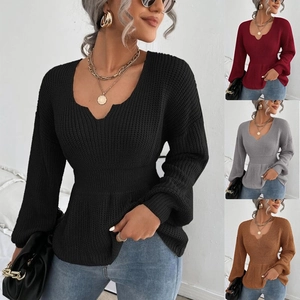 Pull en Maille Acrylique pour Femme Col en V Taille Basque Manches Lanternes Longues Top Pullover Côtelé pour Mode Streetwear Décontractée