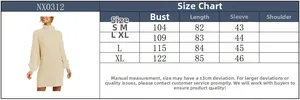 Size chart for women's oversized turtleneck knit dress showing measurements from S to XL