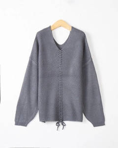 Grey oversized V-neck knit sweater with lace-up drawstring detailing and long sleeves