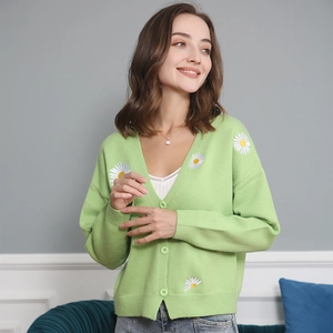 Detail of green knit cardigan featuring delicate white daisy embroidery and matching buttons