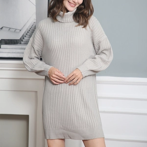 Women's light grey oversized turtleneck knit sweater dress with long sleeves for autumn