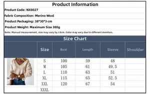 Size chart for women's V-neck cashmere sweater featuring dimensions for bust, length and sleeve