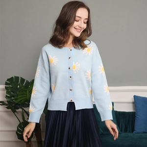 Detailed view of light blue cardigan with daisy floral embroidery and wood-textured buttons