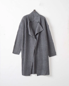 Women's long knit cardigan sweater in dark gray with ribbed texture and lapel collar