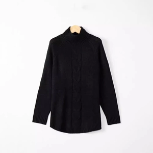 Women's black cable knit turtleneck sweater with batwing long sleeves for winter