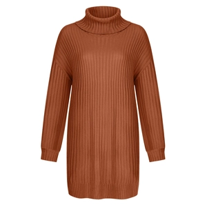 Close-up of caramel brown turtleneck knit dress showing thick ribbed texture and loose fit