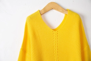 Detail of yellow chunky knit sweater showing V-neck design and cable knit texture