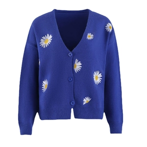 Royal blue V-neck knit cardigan for women with white daisy embroidery and blue buttons
