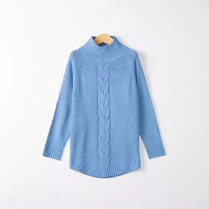 Sky blue cable knit sweater with high neck and batwing sleeves for autumn winter