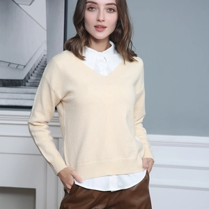 Women V-Neck Knit Sweater Long Sleeve Loose Fit Soft Acrylic Pullover Ribbed Cuffs Solid Color Casual Commuter Tops