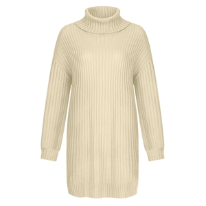 Detail of high collar and vertical ribbed texture on cream knit sweater dress