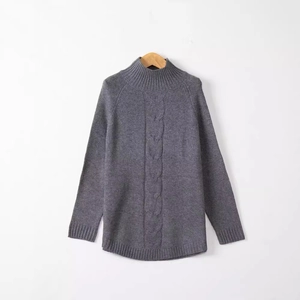 Dark grey cable knit turtleneck sweater with batwing sleeves and ribbed cuffs