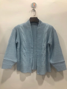 Detailed close-up of light blue knitted cardigan with textured cable knit patterns