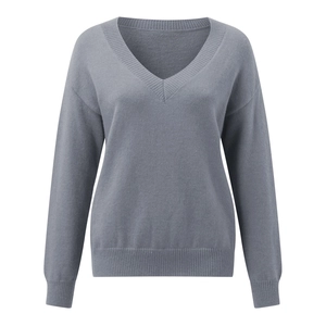Women's loose V-neck knit sweater in dark grey with ribbed cuffs and hem details