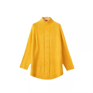 Bright yellow turtleneck batwing sleeve cable knit sweater with ribbed cuffs on wooden hanger