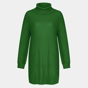 Detailed view of vertical ribbed knit texture on a dark green turtleneck sweater dress