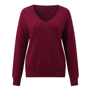 Women's V-neck loose long sleeve wine red knit sweater with ribbed cuffs and hem