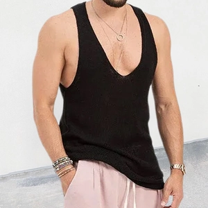 Close-up of black men's knit tank top featuring deep V-neck and breathable mesh texture