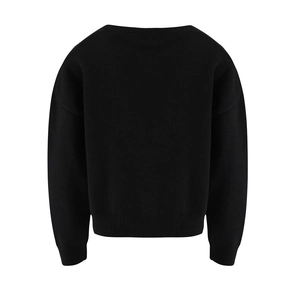 Back view of black knit cardigan featuring fine texture and ribbed neckline and cuffs