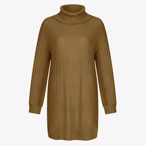 Close-up of dark brown ribbed knit texture on a high neck long sleeve sweater dress