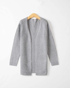 Women's light grey long-sleeved open-front knit cardigan sweater in a mid-length loose fit