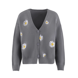 Women's grey knit cardigan sweater with white daisy embroidery and v-neck button design