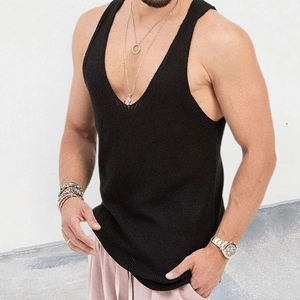 Close-up of black knit tank top featuring a deep V-neck and breathable texture for men