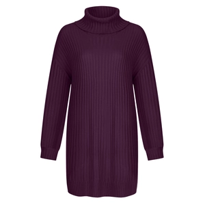 Detail view of deep purple turtleneck knit dress with high-quality ribbed texture