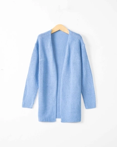 Women's light blue long sleeve knitted cardigan sweater in loose casual mid-length fit