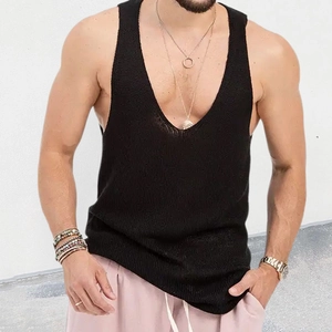 Close-up of black knit tank top for men with deep V-neck and breathable texture