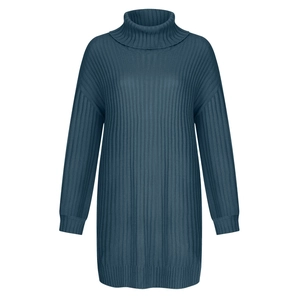 Deep grey blue oversized turtleneck knit sweater dress with vertical ribbed texture