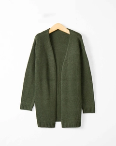 Women's dark green oversized chunky knit cardigan sweater in mid-length loose style