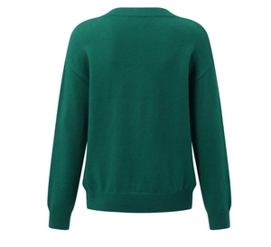 Detail view showing the ribbed cuffs and hem of this dark green knit sweater back