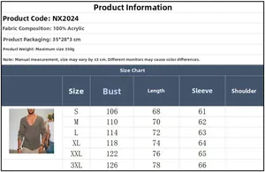 Detailed size chart for men's V-neck sweater showing dimensions from S to 3XL