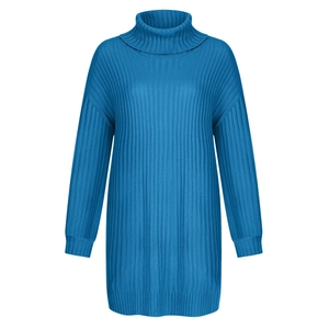 Detail of royal blue oversized turtleneck sweater featuring vertical ribbed knit texture