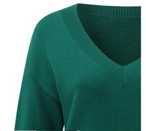 Detailed close-up of dark green V-neckline with high-quality ribbed knit fabric texture