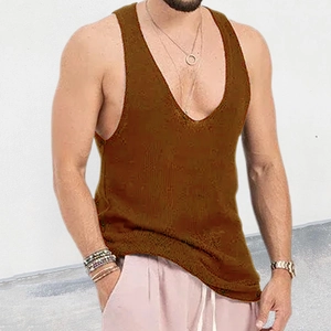 Men's loose mustard knit tank top with deep U-neck and vintage textured sleeveless design
