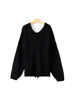 Women's black oversized V-neck knit sweater with drawstring hem and long sleeves