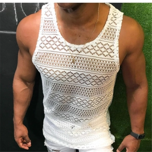 Men's summer slim fit white hollow knit tank top with breathable sleeveless design