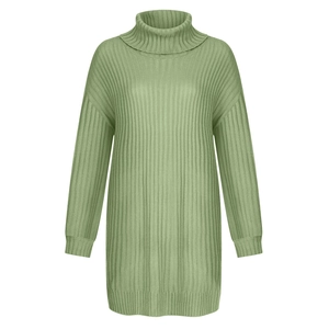 Detailed close-up of sage green ribbed knit texture on a turtleneck sweater dress
