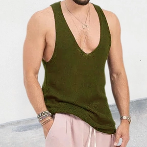Sleeveless men's olive green knit tank top with deep V-neck and slim fit cut