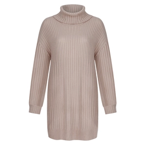 Long-sleeved turtleneck knit dress with vertical ribbed texture and loose fit silhouette