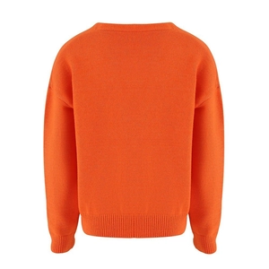 Flat lay back view of orange knitted cardigan showing ribbed cuffs and premium texture