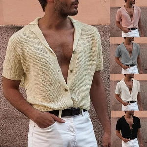 Men Short Sleeve Knitted Shirt Casual Lightweight Button Down Cuban Collar Cardigan Top For Summer Vacation Vintage Knitwear