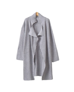 Women long sleeve gray knit cardigan featuring a wide lapel and thick texture