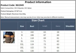 Men's casual knit sweater size chart with fabric info and measurements from S to 4XL
