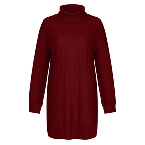 Close-up of wine red turtleneck knit dress with vertical ribbed texture and long sleeves