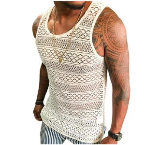 Slim fit men's white knit tank top featuring geometric镂空hollow out mesh texture design